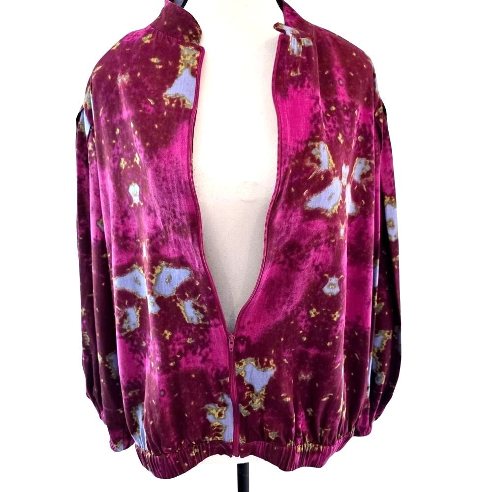 Ashro Abstract Bomber Jacket Womens 14 Magenta Purple Rayon Zip Balloon Sleeves